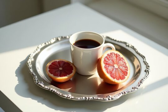 Morning beverage and citrus fruit on a silver tray bathed in sunlight