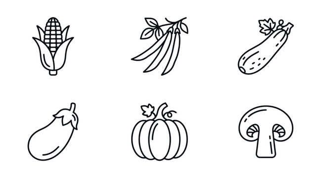 Collection of six simple line art icons representing various vegetables and a mushroom