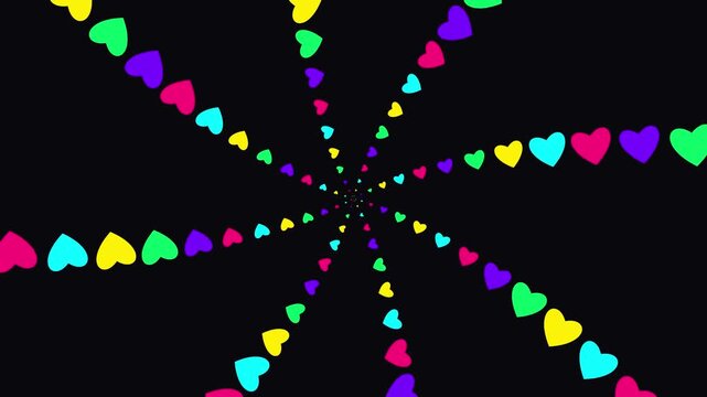 Colorful heart shapes forming a radial spiral pattern on a black background
