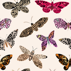 Seamless botanical pattern featuring colorful butterflies and moths with bold black markings on a warm cream background © DariaVector