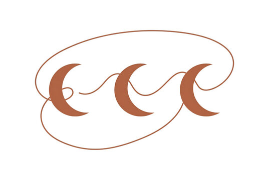 Ilustra&ccedil;&atilde;o vetorial minimalista com tr&ecirc;s luas crescentes conectadas por uma linha fina e elegante, apresentando um design boho chic em tons terrosos sobre um fundo branco limpo.