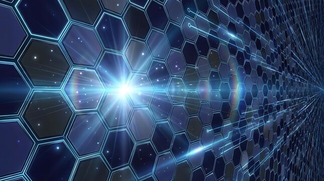 A futuristic digital background featuring a dark hexagonal grid pattern with a bright blue lens flare effect.