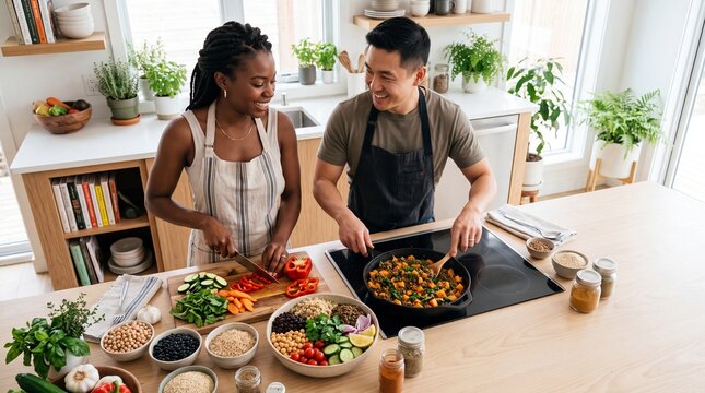 Happy couple cooking together in bright plant based kitchen, preparing fresh vegetables and healthy vegan meals surrounded by natural light and green plants