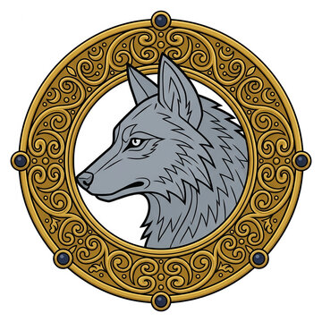Ilustra&ccedil;&atilde;o vetorial de um perfil de lobo cinzento elegante dentro de uma moldura circular dourada ornamentada com detalhes barrocos e estilo her&aacute;ldico cl&aacute;ssico