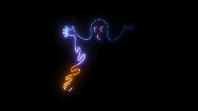Friendly neon ghost character waving hello with colorful glowing outline against a dark background