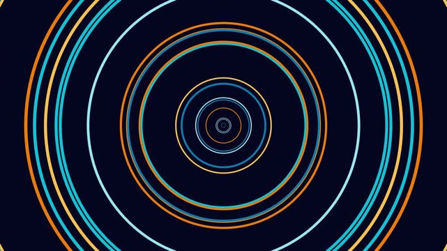 Abstract background with glowing concentric circles in blue and orange neon light lines.