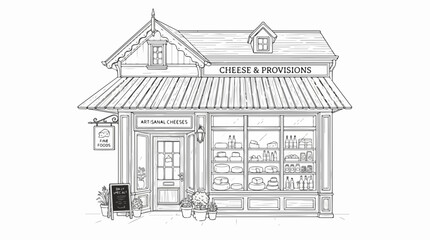 Fototapeta premium Hand Drawn Sketch of a Gourmet Cheese Shop and Provisions Store Facade