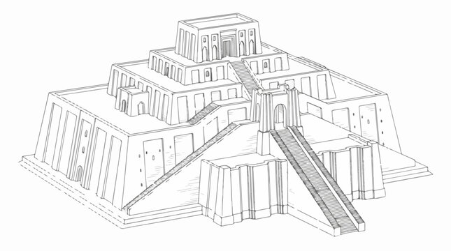 Ancient Ziggurat architectural line art sketch of a Mesopotamian temple.