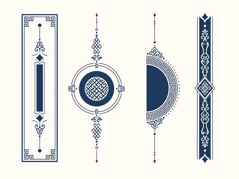 Traditional Chinese border patterns, blue oriental decorative frames, set of 4 ethnic geometric ornaments for luxury stationery design