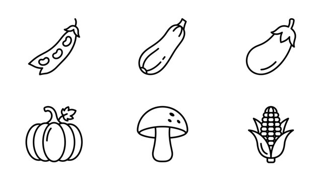 Collection of six simple line art icons of vegetables and fruits on a white background