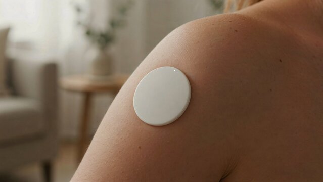 Close-up of modern continuous glucose monitor smart sensor patch on woman arm