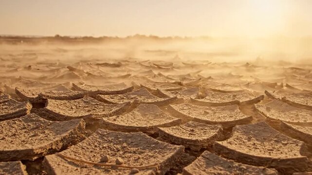Dry cracked earth and blowing dust during drought and climate crisis dry land