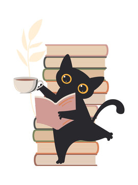 Cute black cat reading a book and holding a cup of tea on a stack of books library autumn mood or remote learning concept