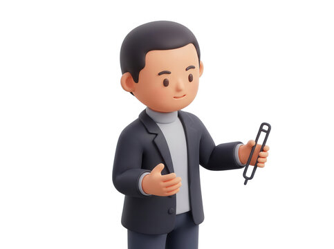 Personagem 3D de um homem de neg&oacute;cios profissional segurando uma caneta digital, estilo minimalista e moderno, isolado em fundo branco, ideal para apresenta&ccedil;&otilde;es corporativas e design gr&aacute;fico.