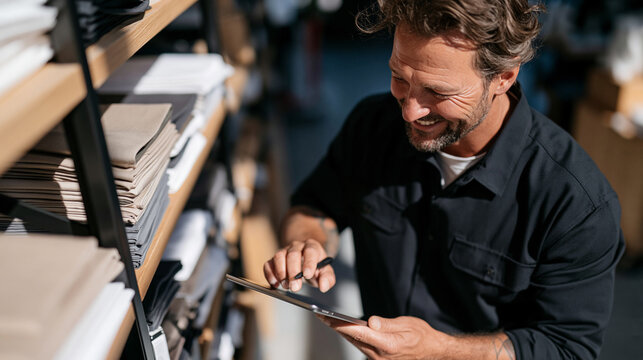 Hotel supply manager counts folded linen stacks on a storeroom shelving unit in a top-down environmental wide shot bathed in morning window light, pausing beside the shelf while no