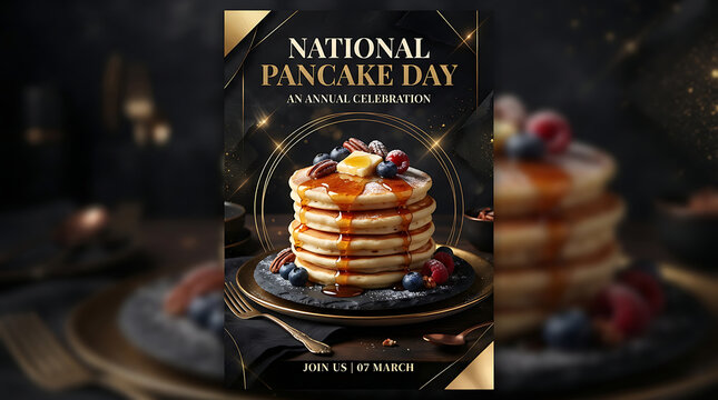 National pancake day luxury dark poster with golden stacked pancakes
