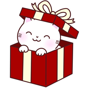 A cute white cat peeking out of a red gift box with a bow, cheerful holiday present cartoon illustration isolated