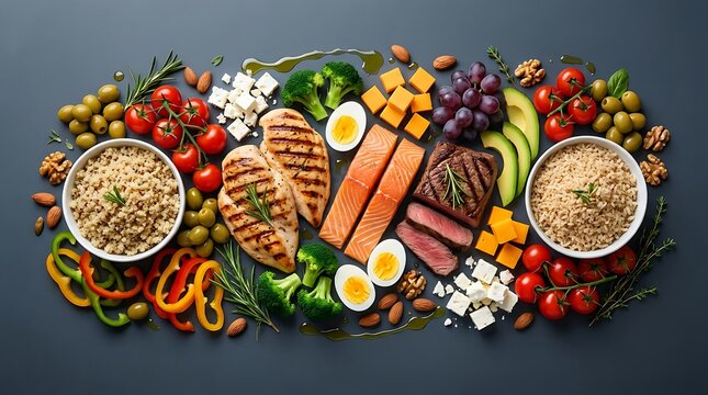 A top down view of a balanced Mediterranean diet meal prep featuring grilled proteins, fresh vegetables, and grains.