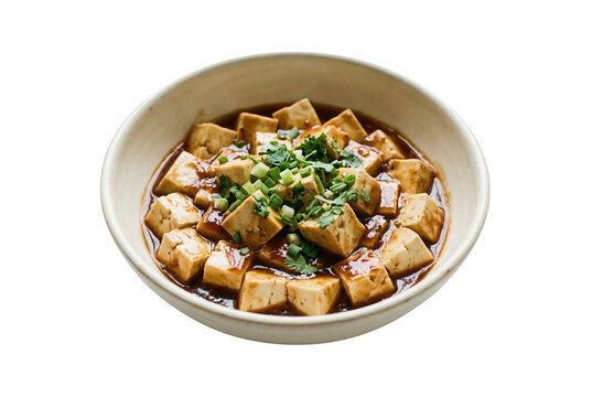 Prato tradicional de Mapo Tofu servido em uma tigela de cer&acirc;mica, apresentando cubos de tofu macio em um molho picante e arom&aacute;tico, finalizado com cebolinha fresca picada.
