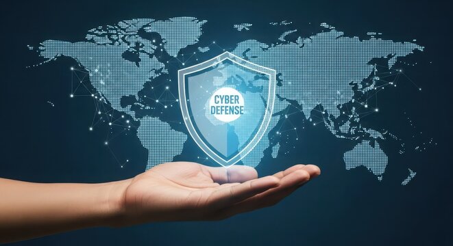 Hand presenting a glowing cyber defense shield against a digital world map background