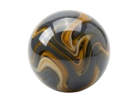 Uma esfera de vidro polido com padr&otilde;es marmorizados em tons de preto, cinza e dourado, isolada sobre um fundo branco puro, ideal para design abstrato e elementos decorativos.