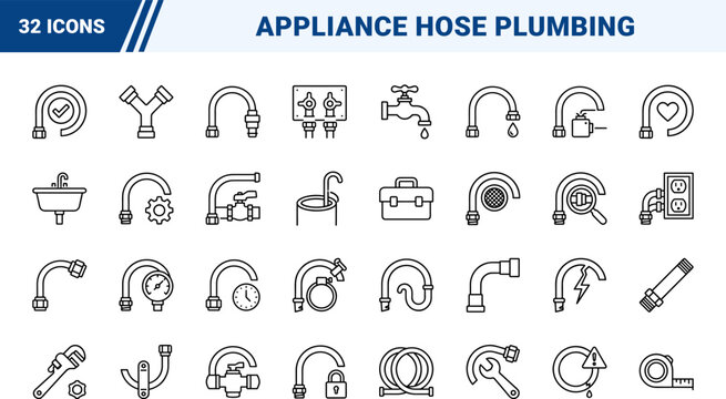 Washing Machine Hose Replacement Web Icon Set in Linear Style. Collection of plumbing repair line icons, including plumbing, hose replacement, water leak, pipe installation, maintenance.