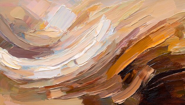 Closeup Of Abstract Rough Colorful Beige Brown Complementary Colors Art Painting Texture Background Wallpaper With Oil Or Acrylic Brushstroke Waves Pallet Knife Paint On Canvas