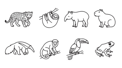 Naklejka premium South American jungle animals line art icons. Tropical rainforest wildlife vector set of 8 elements. Minimalist black and white animal illustrations.