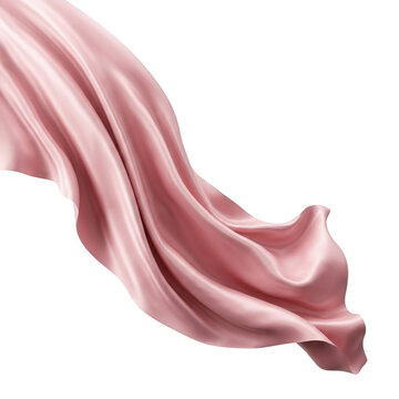 Tecido de seda rosa suave e elegante fluindo em ondas graciosas sobre um fundo branco isolado, criando uma textura luxuosa e abstrata perfeita para design de moda e publicidade.