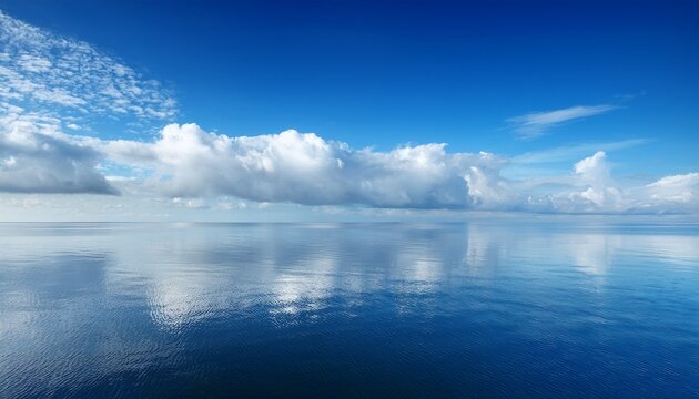 Calm Water Reflecting Fluffy Clouds In Clear Blue Sky With Symmetrical Horizon Creating Tranquil And Peaceful Natural Scenery