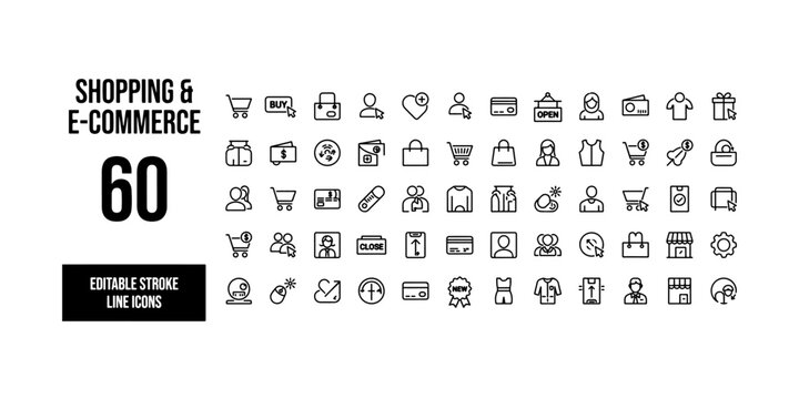 Set of sixty minimalist line art e commerce interface elements for creating professional online retail store websites