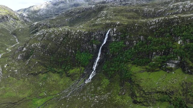 Aerial view of Eas a' Chual Aluinn, highest waterfall of the United Kingdom, in northern Scotland