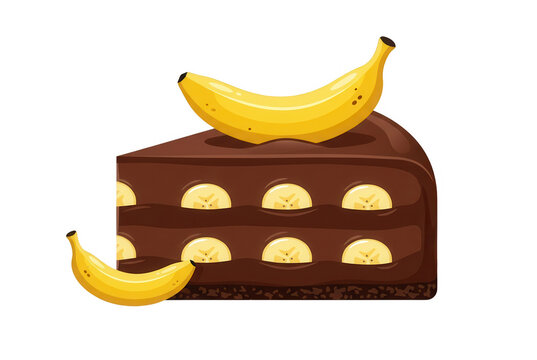 Fatia de bolo de chocolate cremoso com camadas de recheio de banana fresca, decorada com uma banana inteira no topo, ilustra&ccedil;&atilde;o vetorial isolada.