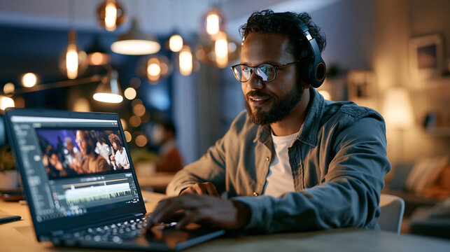 A course creator editing lecture footage on a laptop with an AI video editing timeline visible on screen, wide establishing shot, dramatic side lighting, shot on medium format came