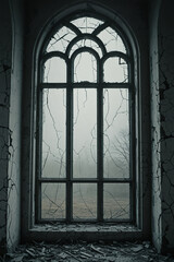 Fototapeta premium Arched Window with Broken Glass in Abandoned Mansion Overlooking Foggy Landscape