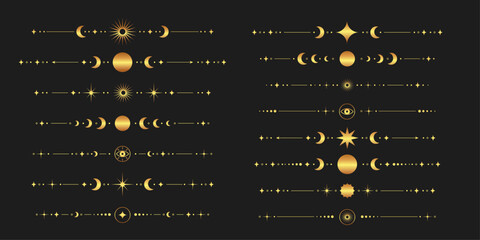 Set of gold tarot dividers separator with moon stars sun and celestial symbols © Anna