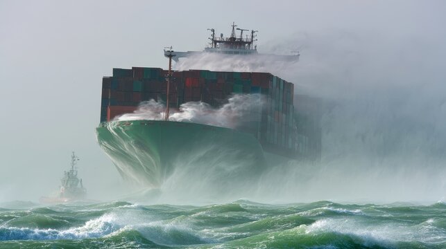 Container ship sailing through rough seas with powerful waves, highlighting maritime transport, ocean shipping, cargo logistics, stormy weather, navigation, and global trade
