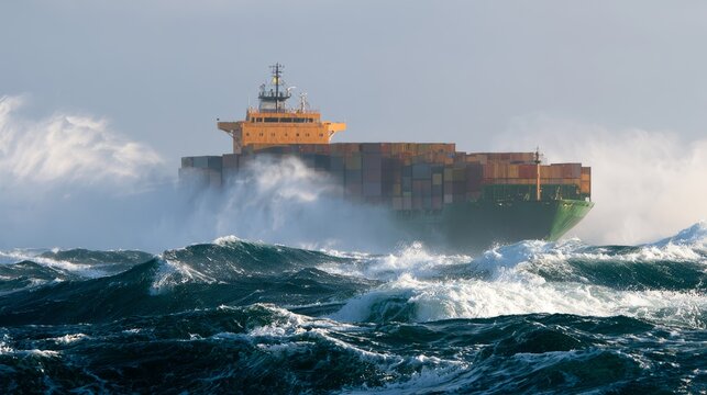 Container ship sailing through rough seas with powerful waves, highlighting maritime transport, ocean shipping, cargo logistics, stormy weather, navigation, and global trade
