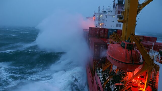 Container ship sailing through rough seas with powerful waves, highlighting maritime transport, ocean shipping, cargo logistics, stormy weather, navigation, and global trade