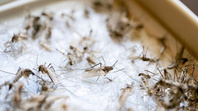 Dead mosquitoes on an electronic insect trap tray, showing effective pest control and home hygiene, with a focus on mosquito elimination, household cleanliness, insect prevention, and sanitation