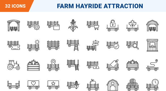Hay Ride Trailer Autumn Farm Attraction Web Icon Set in Linear Style. Collection of agritourism line icons, including autumn festival, hayride tours, farm market, pumpkin patch, harvest season.
