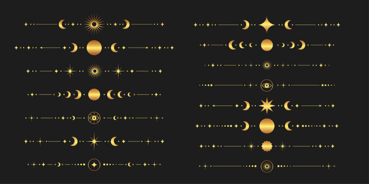 Set of gold tarot dividers separator with moon stars sun and celestial symbols