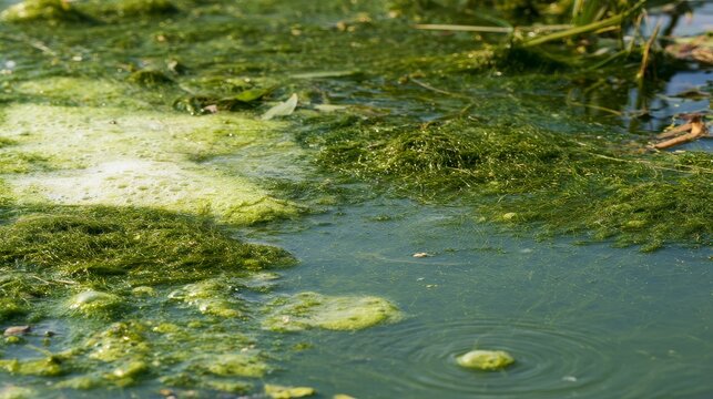 Dense filamentous algae mat floating on water surface, showing algal blooms, eutrophication, excess nutrients, foamy growth, gas bubbles and low oxygen conditions in a polluted aquatic ecosystem