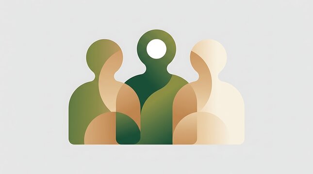 A minimalist graphic logo featuring three overlapping human silhouettes in green and beige tones on a light background.