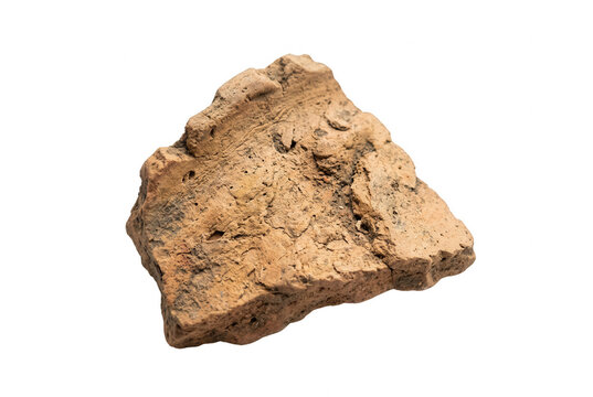 Fragmento de cer&acirc;mica antiga de terracota isolado no fundo branco, um artefato arqueol&oacute;gico hist&oacute;rico de argila com textura &aacute;spera e porosa.