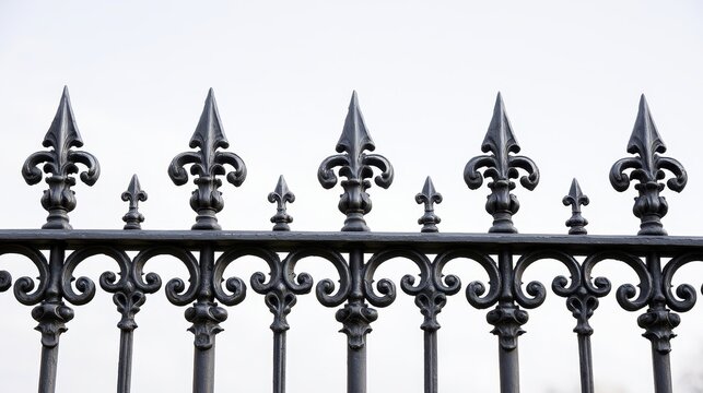 Ornamental wrought iron railing with pointed spearhead finials beneath an overcast sky, showcasing classic metalwork, architectural detail, decorative fencing, craftsmanship, elegant outdoor design