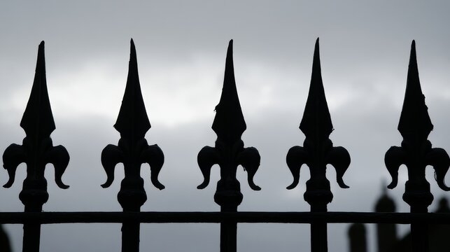 Ornamental wrought iron railing with pointed spearhead finials beneath an overcast sky, showcasing classic metalwork, architectural detail, decorative fencing, craftsmanship, elegant outdoor design