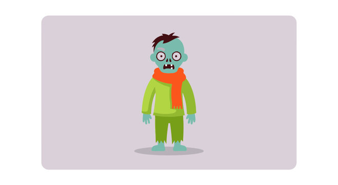 Cute cartoon zombie character wearing a green shirt, pants, and orange scarf, isolated on transparent background.