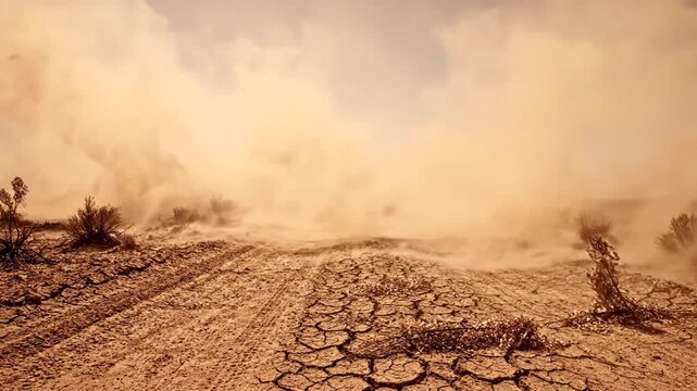 Severe dust storm sweeping across dry cracked earth and barren plains dry land