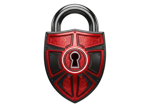 Detailed red padlock with metallic shackle rests on transparent background